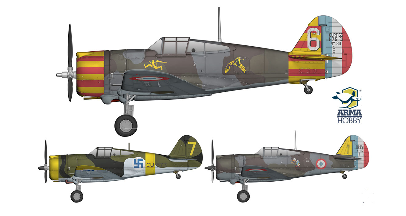 Three marking options for the Curtiss H-75A-1/A-2 from Arma Hobby kit 70093